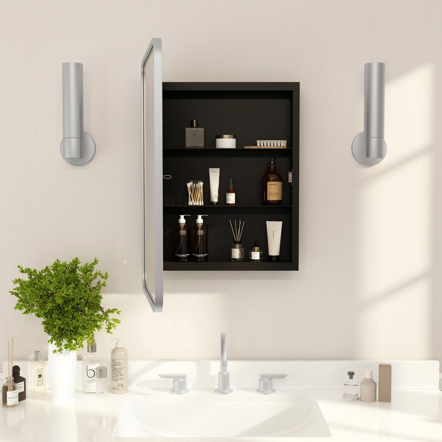 Jolie 16" x 24" Recessed Bathroom Medicine Cabinet with Rounded Beveled Mirror and Reversible Metal Frame in Silver Silver