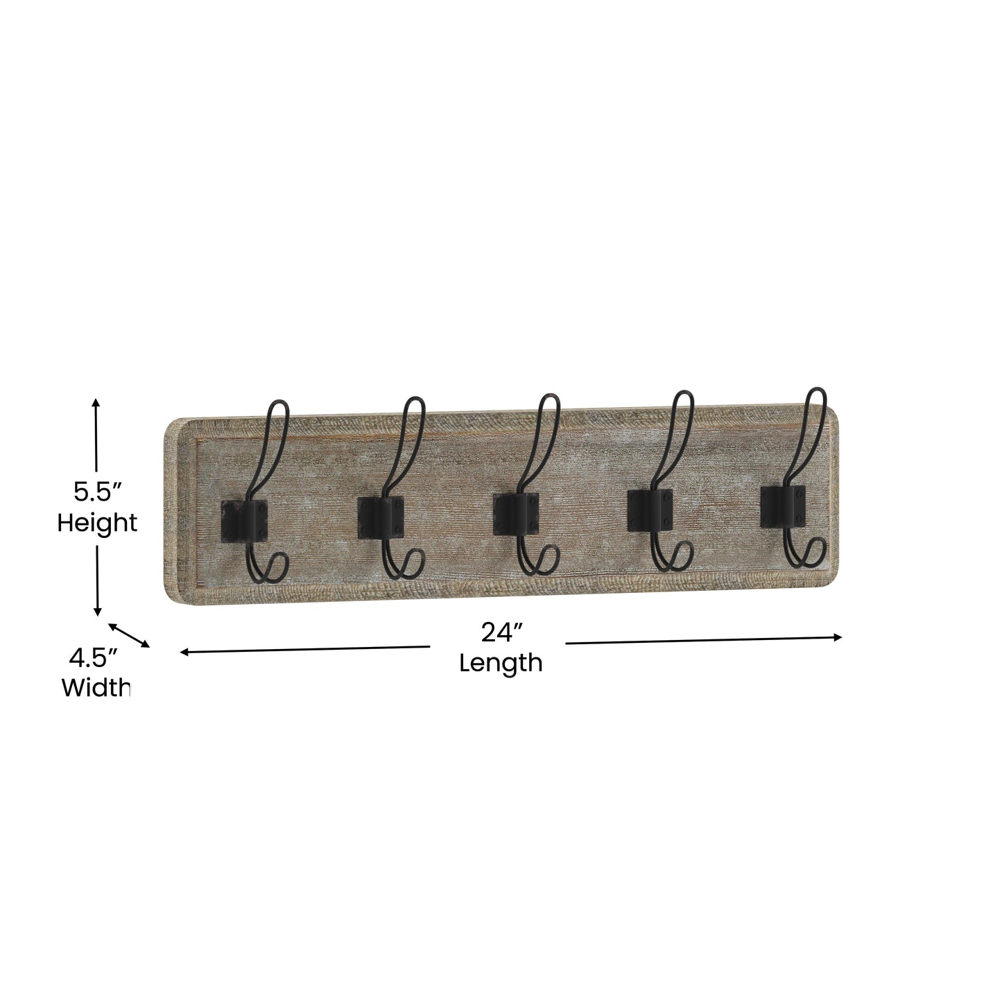 Daly Wall Mounted 24 Inch Weathered Solid Pine Wood Storage Rack with 5 Hooks For Entryway, Kitchen, Bathroom Weathered Brown Wood HFKHD-GDI-CRE8-232315-GG