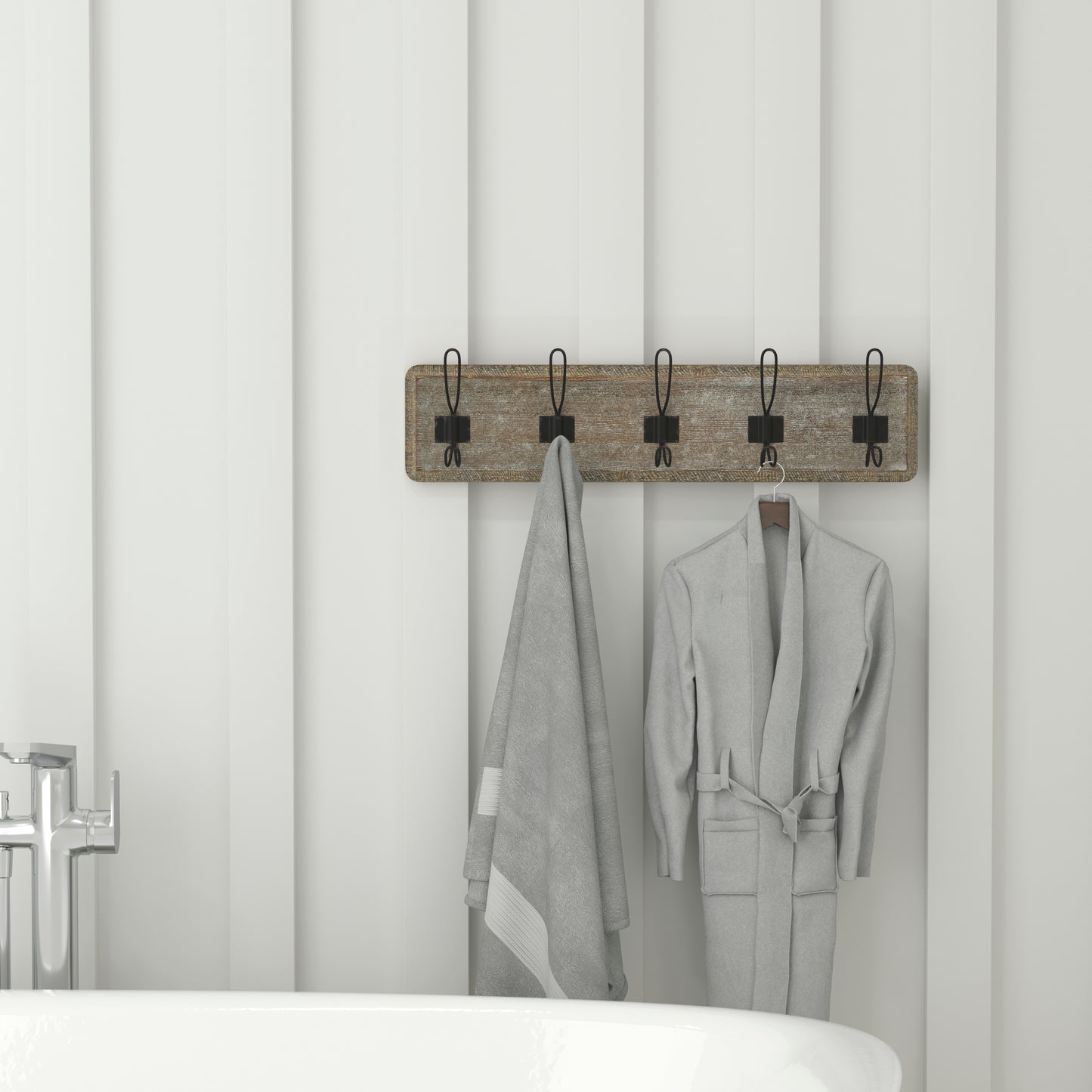 Daly Wall Mounted 24 Inch Weathered Solid Pine Wood Storage Rack with 5 Hooks For Entryway, Kitchen, Bathroom Weathered Brown Wood HFKHD-GDI-CRE8-232315-GG