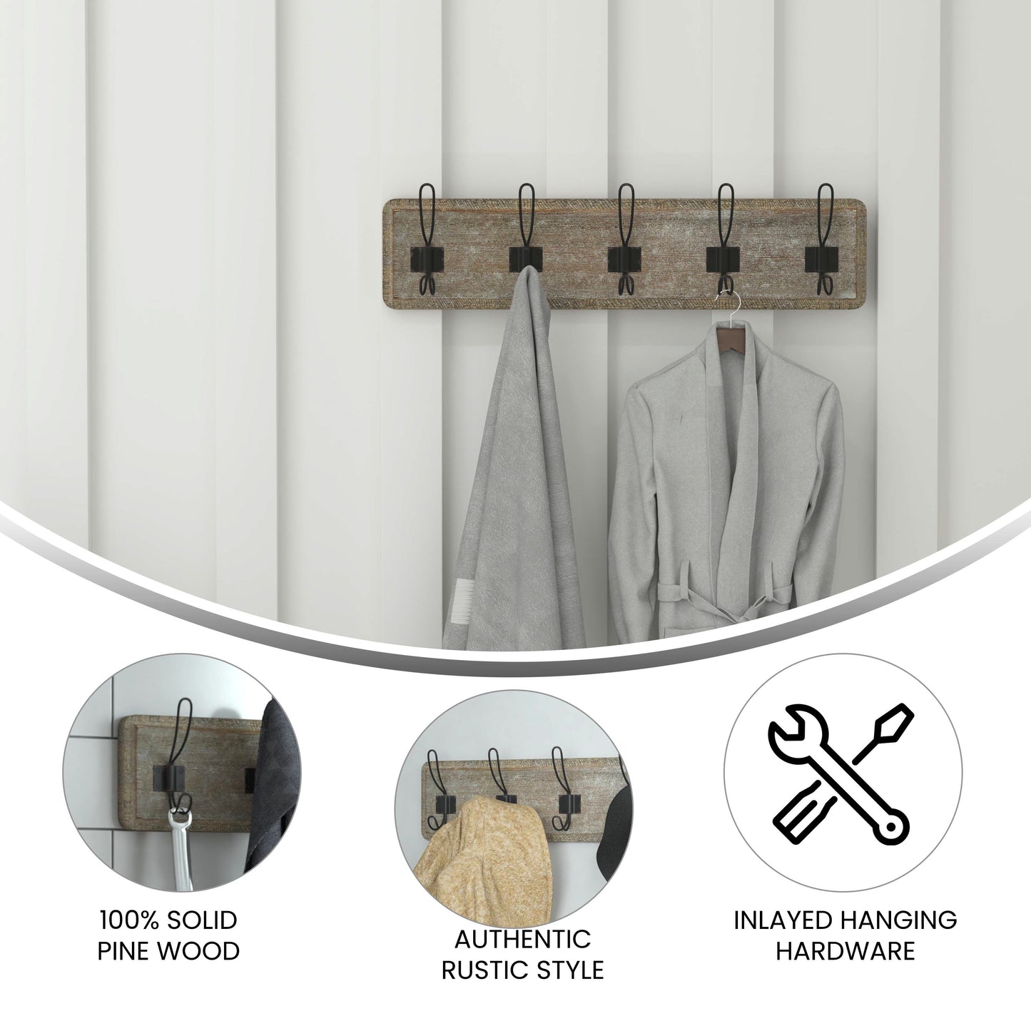 Daly Wall Mounted 24 Inch Weathered Solid Pine Wood Storage Rack with 5 Hooks For Entryway, Kitchen, Bathroom Weathered Brown Wood HFKHD-GDI-CRE8-232315-GG