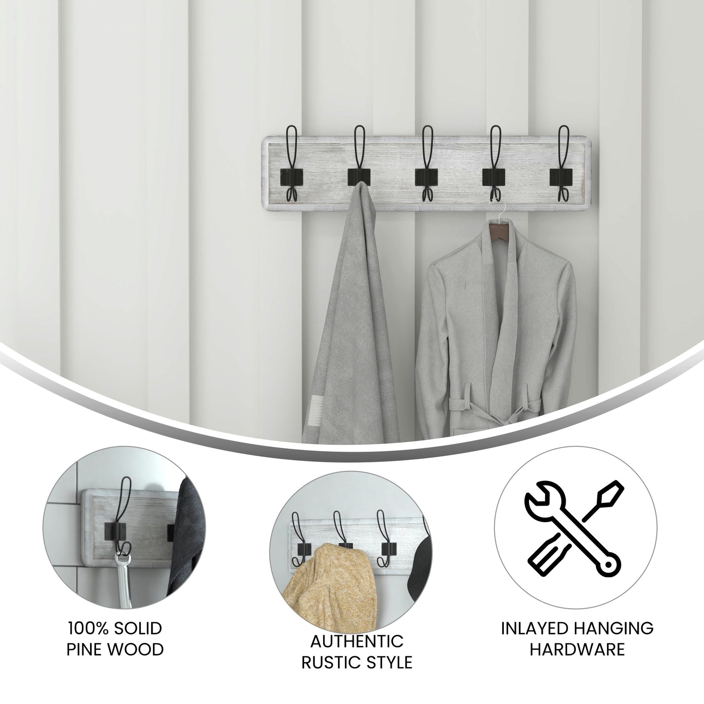 Daly Wall Mounted 24 Inch Whitewashed Solid Pine Wood Storage Rack with 5 Hooks For Entryway, Kitchen, Bathroom White Wash HFKHD-GDI-CRE8-332315-GG