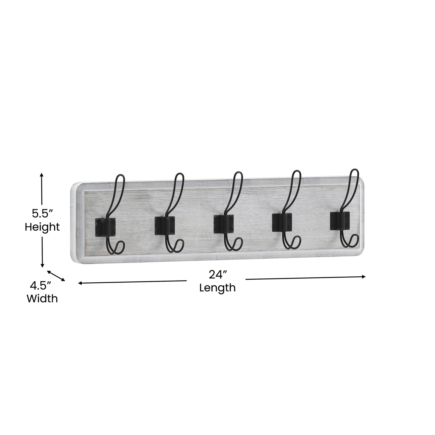 Daly Wall Mounted 24 Inch Whitewashed Solid Pine Wood Storage Rack with 5 Hooks For Entryway, Kitchen, Bathroom White Wash HFKHD-GDI-CRE8-332315-GG