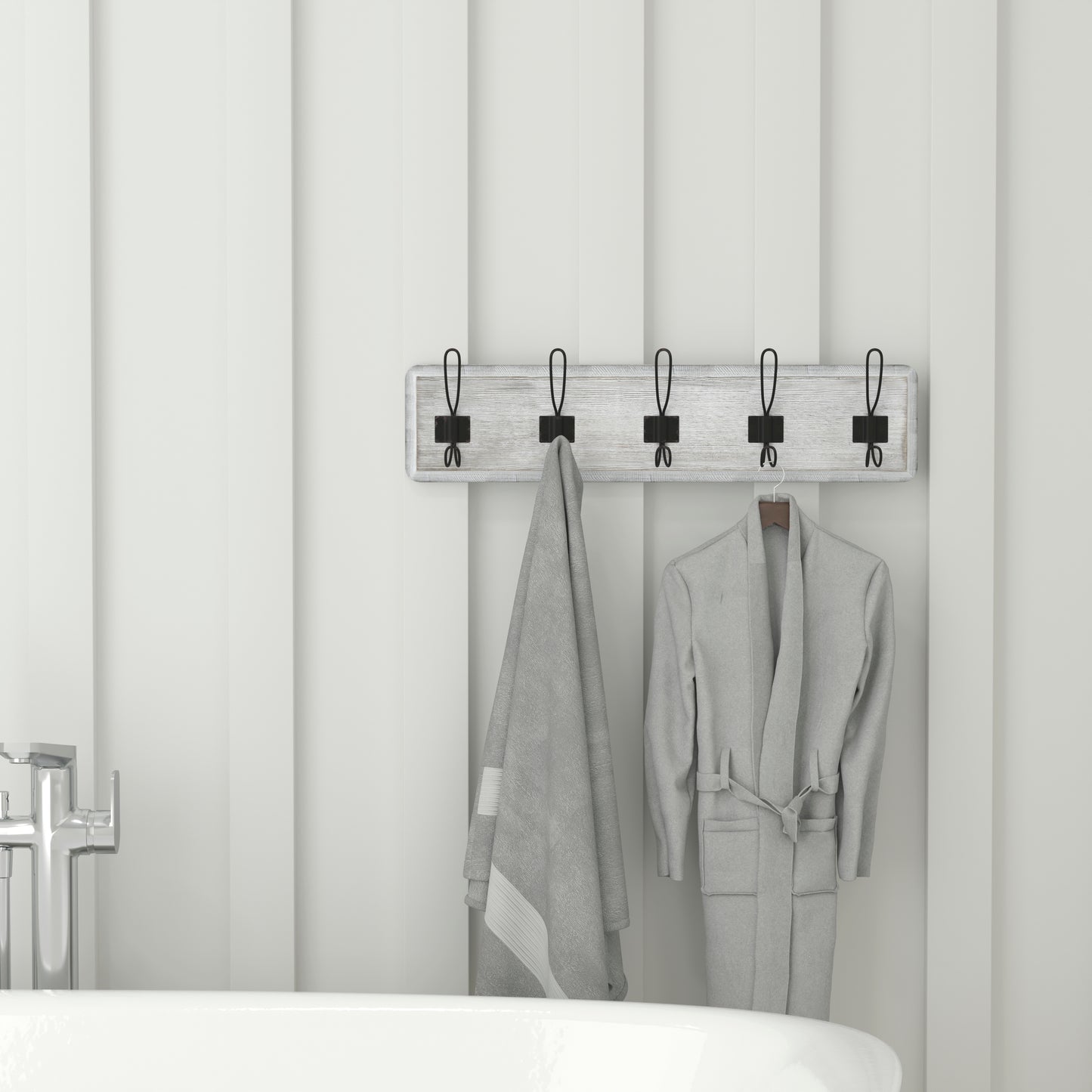 Daly Wall Mounted 24 Inch Whitewashed Solid Pine Wood Storage Rack with 5 Hooks For Entryway, Kitchen, Bathroom White Wash HFKHD-GDI-CRE8-332315-GG