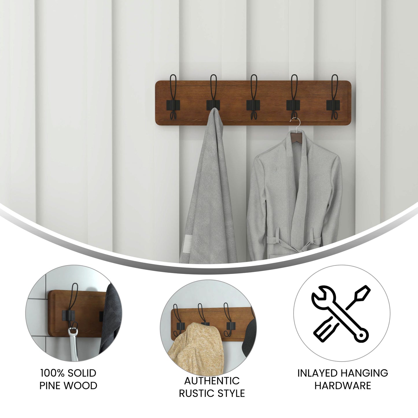 Daly Wall Mounted 24 Inch Rustic Brown Solid Pine Wood Storage Rack with 5 Hooks For Entryway, Kitchen, Bathroom Rustic Brown