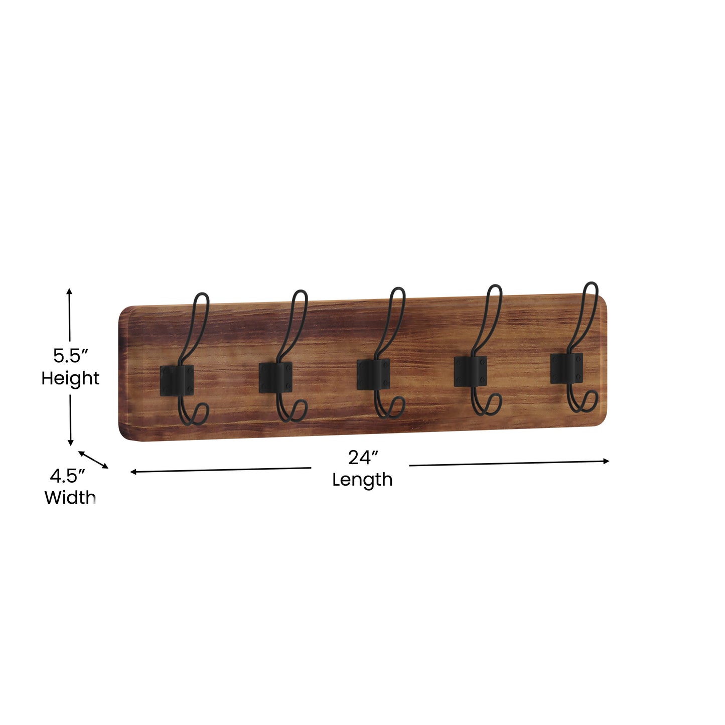 Daly Wall Mounted 24 Inch Rustic Brown Solid Pine Wood Storage Rack with 5 Hooks For Entryway, Kitchen, Bathroom Rustic Brown