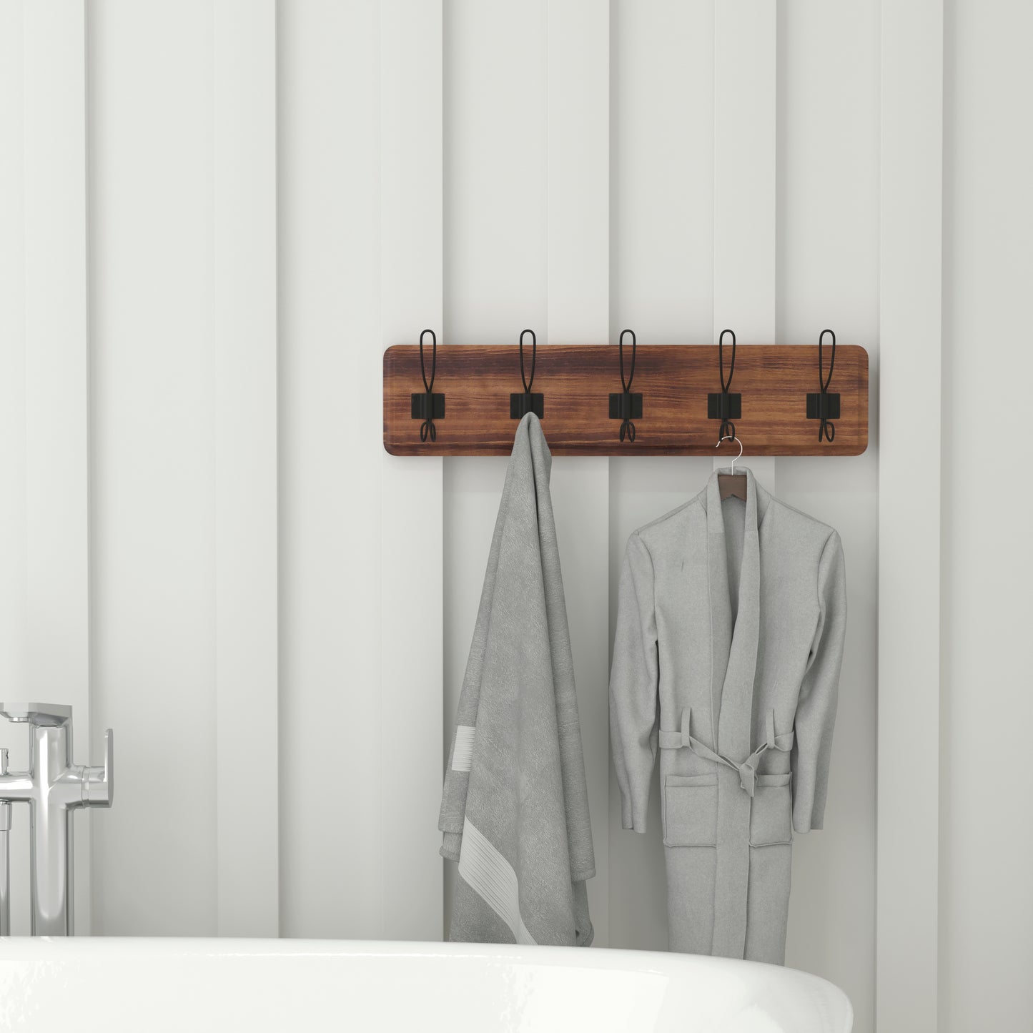 Daly Wall Mounted 24 Inch Rustic Brown Solid Pine Wood Storage Rack with 5 Hooks For Entryway, Kitchen, Bathroom Rustic Brown