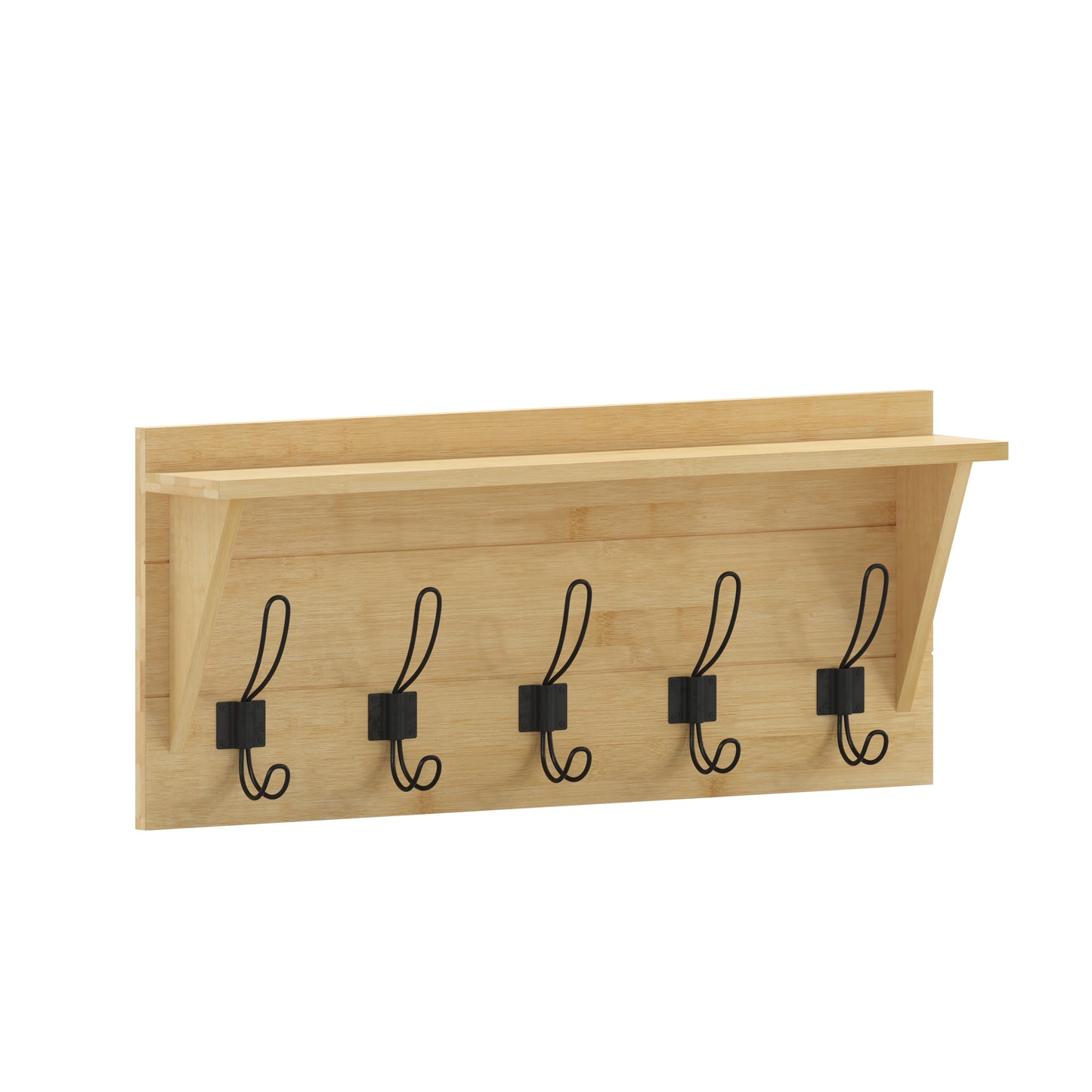 Daly Wall Mounted 24 Inch Solid Pine Wood Storage Rack with Upper Shelf and 5 Hooks For Entryway, Kitchen, Bathroom, Bamboo Bamboo