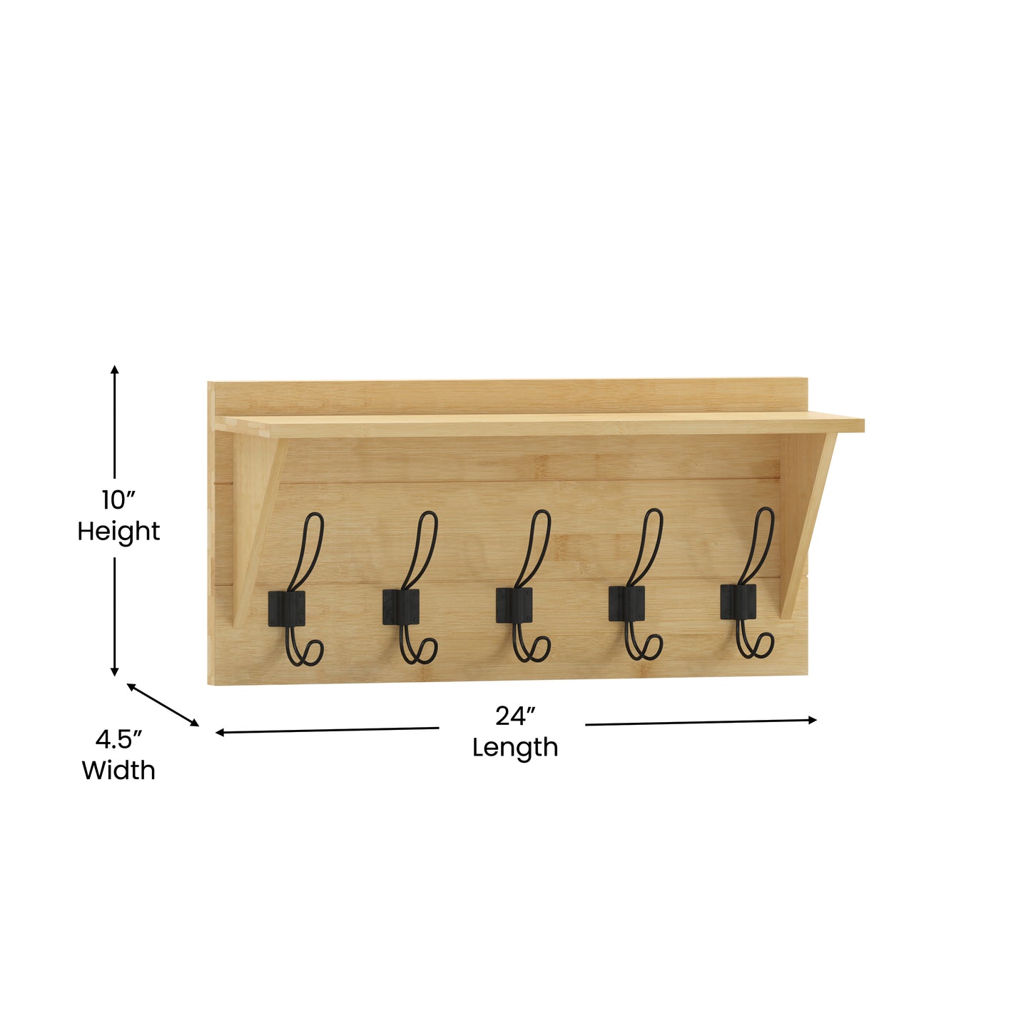 Daly Wall Mounted 24 Inch Solid Pine Wood Storage Rack with Upper Shelf and 5 Hooks For Entryway, Kitchen, Bathroom, Bamboo Bamboo