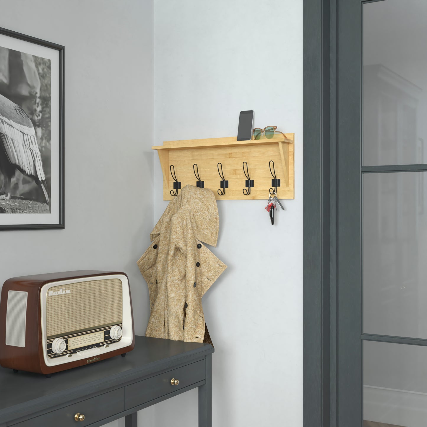 Daly Wall Mounted 24 Inch Solid Pine Wood Storage Rack with Upper Shelf and 5 Hooks For Entryway, Kitchen, Bathroom, Bamboo Bamboo