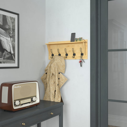 Daly Wall Mounted 24 Inch Solid Pine Wood Storage Rack with Upper Shelf and 5 Hooks For Entryway, Kitchen, Bathroom, Bamboo Bamboo