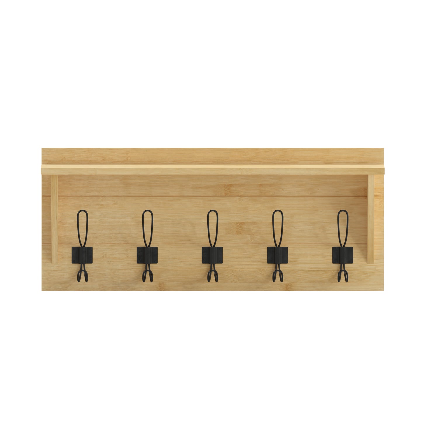 Daly Wall Mounted 24 Inch Solid Pine Wood Storage Rack with Upper Shelf and 5 Hooks For Entryway, Kitchen, Bathroom, Bamboo Bamboo