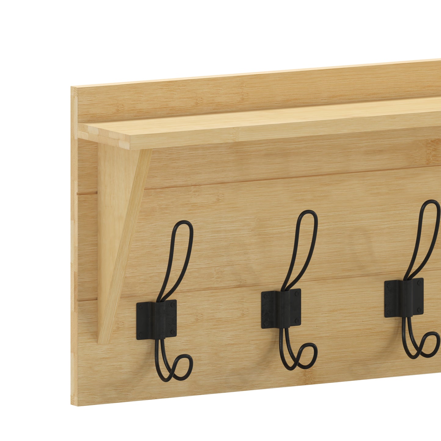 Daly Wall Mounted 24 Inch Solid Pine Wood Storage Rack with Upper Shelf and 5 Hooks For Entryway, Kitchen, Bathroom, Bamboo Bamboo