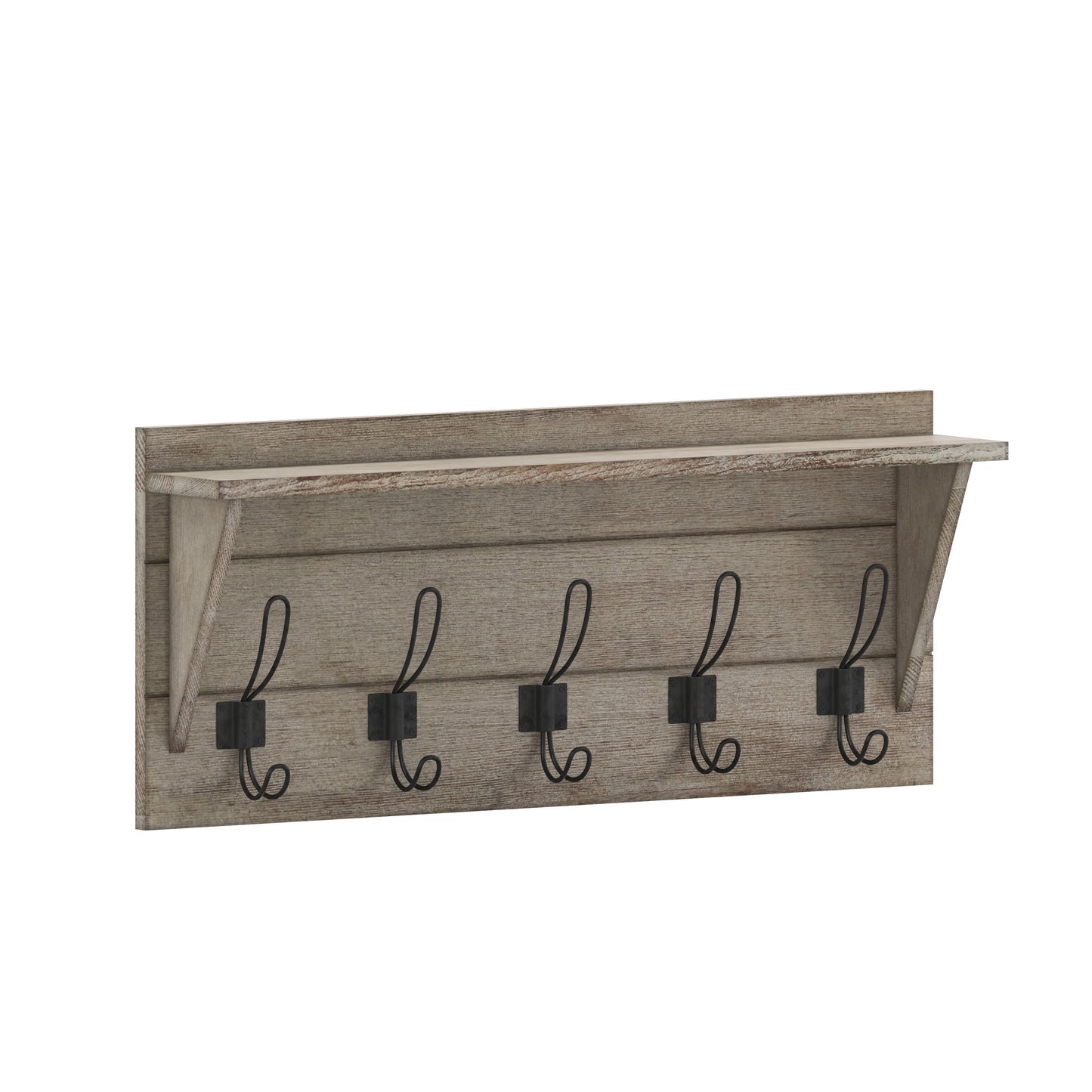 Daly Wall Mounted 24 Inch Solid Pine Wood Storage Rack with Upper Shelf and 5 Hooks For Entryway, Kitchen, Bathroom, Weathered Weathered Brown