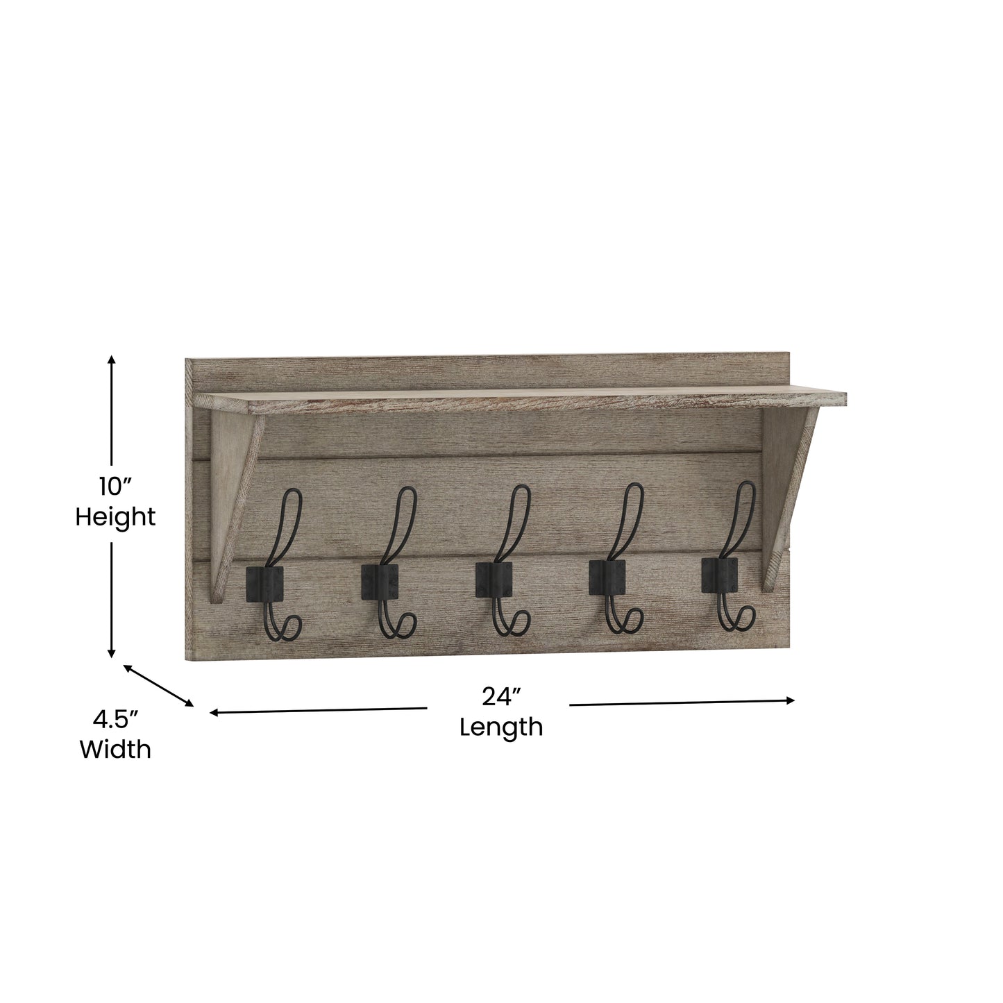 Daly Wall Mounted 24 Inch Solid Pine Wood Storage Rack with Upper Shelf and 5 Hooks For Entryway, Kitchen, Bathroom, Weathered Weathered Brown