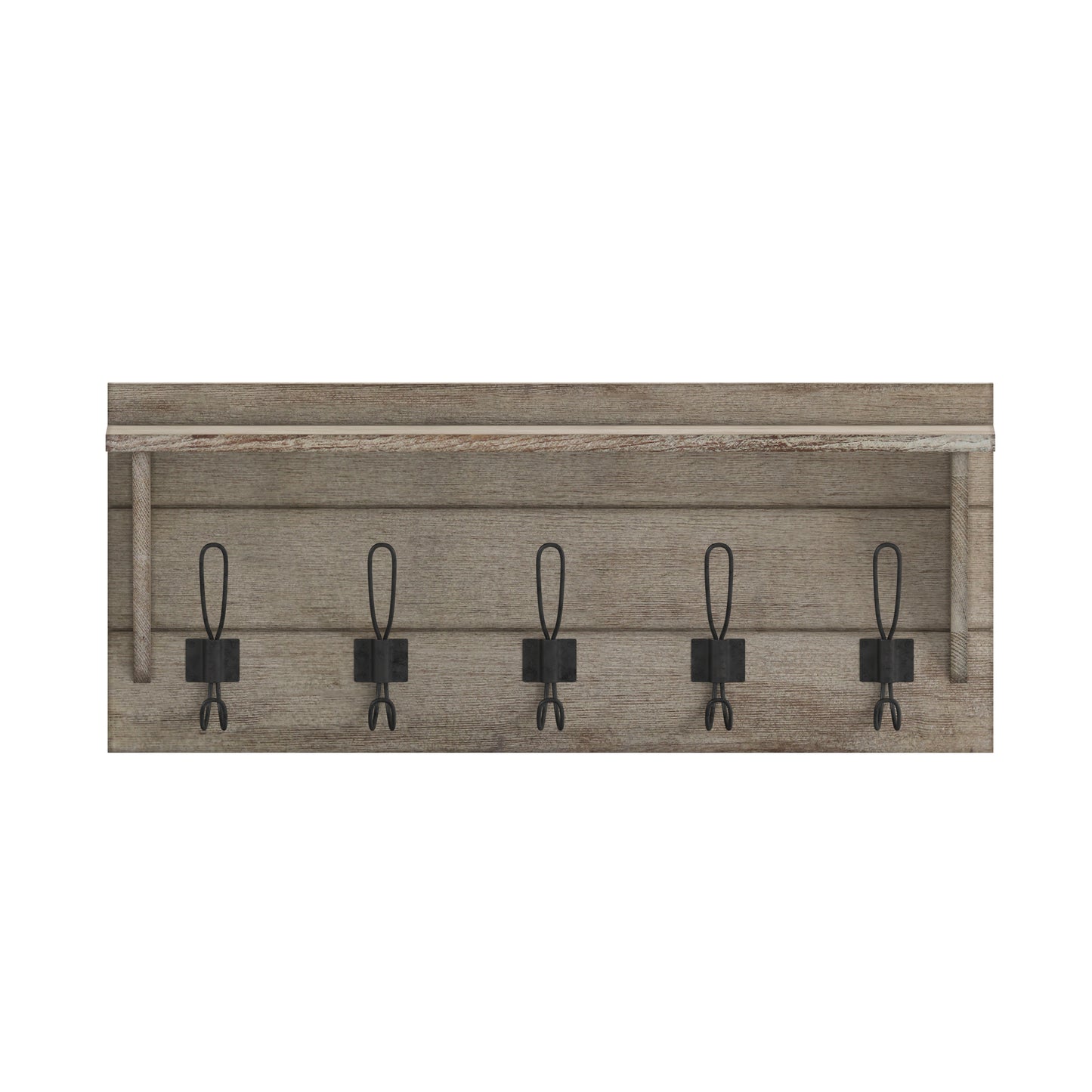 Daly Wall Mounted 24 Inch Solid Pine Wood Storage Rack with Upper Shelf and 5 Hooks For Entryway, Kitchen, Bathroom, Weathered Weathered Brown