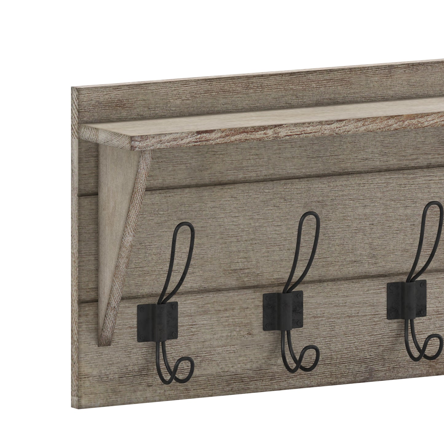 Daly Wall Mounted 24 Inch Solid Pine Wood Storage Rack with Upper Shelf and 5 Hooks For Entryway, Kitchen, Bathroom, Weathered Weathered Brown