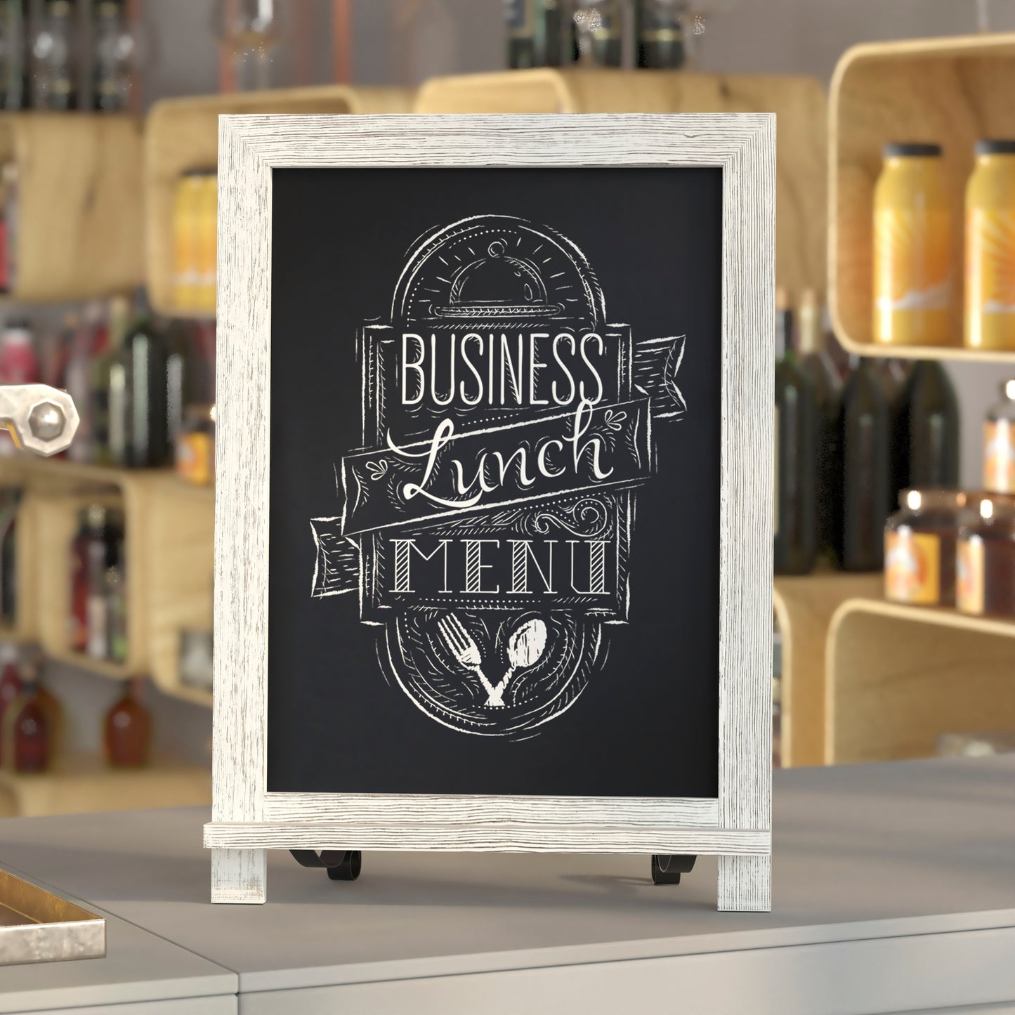 Canterbury 12" x 17" Whitewashed Tabletop Magnetic Chalkboard Sign with Metal Scrolled Legs, Hanging Wall Chalkboard, Countertop Memo Board White Wash