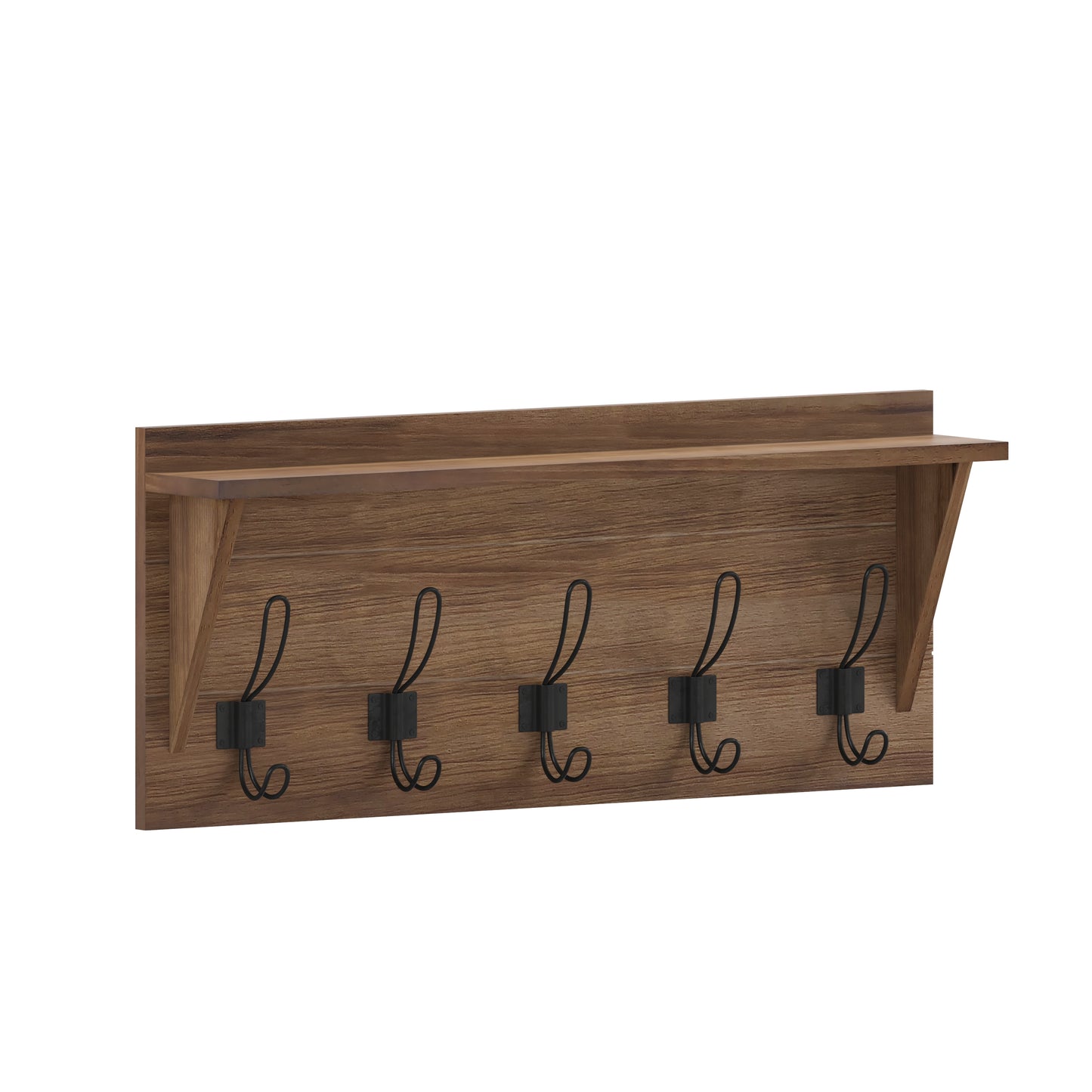 Daly Wall Mounted 24 Inch Solid Pine Wood Storage Rack with Upper Shelf and 5 Hooks For Entryway, Kitchen, Bathroom, Rustic Brown Rustic Brown