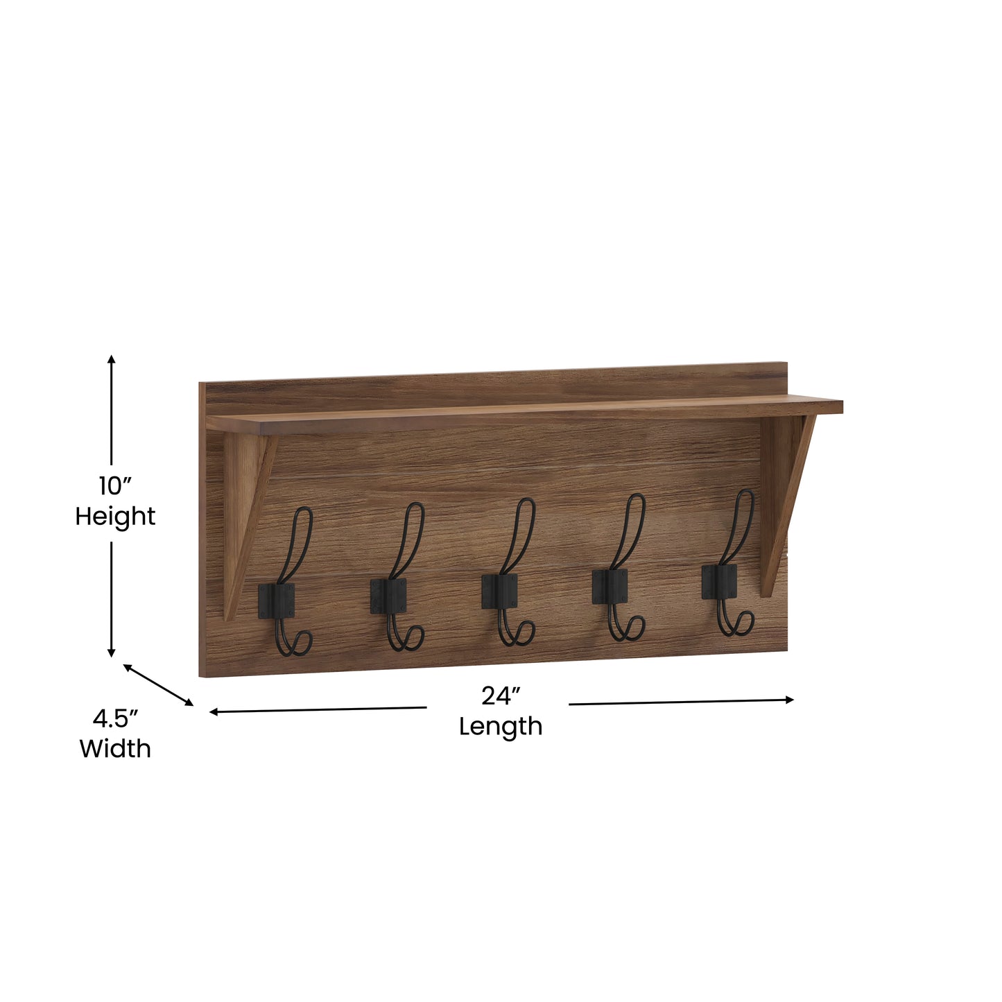 Daly Wall Mounted 24 Inch Solid Pine Wood Storage Rack with Upper Shelf and 5 Hooks For Entryway, Kitchen, Bathroom, Rustic Brown Rustic Brown