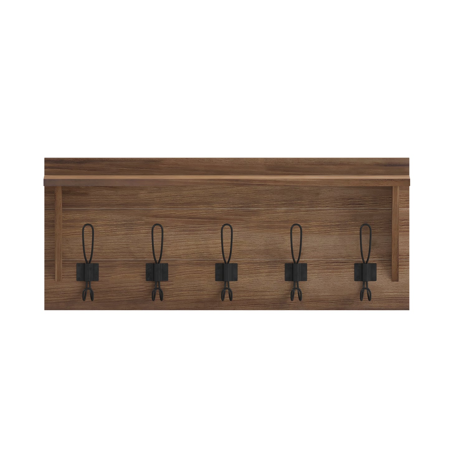 Daly Wall Mounted 24 Inch Solid Pine Wood Storage Rack with Upper Shelf and 5 Hooks For Entryway, Kitchen, Bathroom, Rustic Brown Rustic Brown