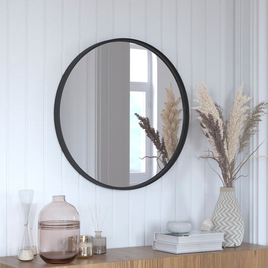 Jennifer 27.5" Round Black Metal Framed Wall Mirror - Large Accent Mirror for Bathroom, Vanity, Entryway, Dining Room, & Living Room Black HFMHD-75G-CRE8-412315-GG