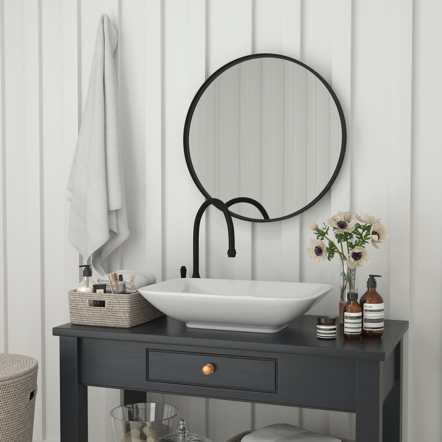 Jennifer 27.5" Round Black Metal Framed Wall Mirror - Large Accent Mirror for Bathroom, Vanity, Entryway, Dining Room, & Living Room Black