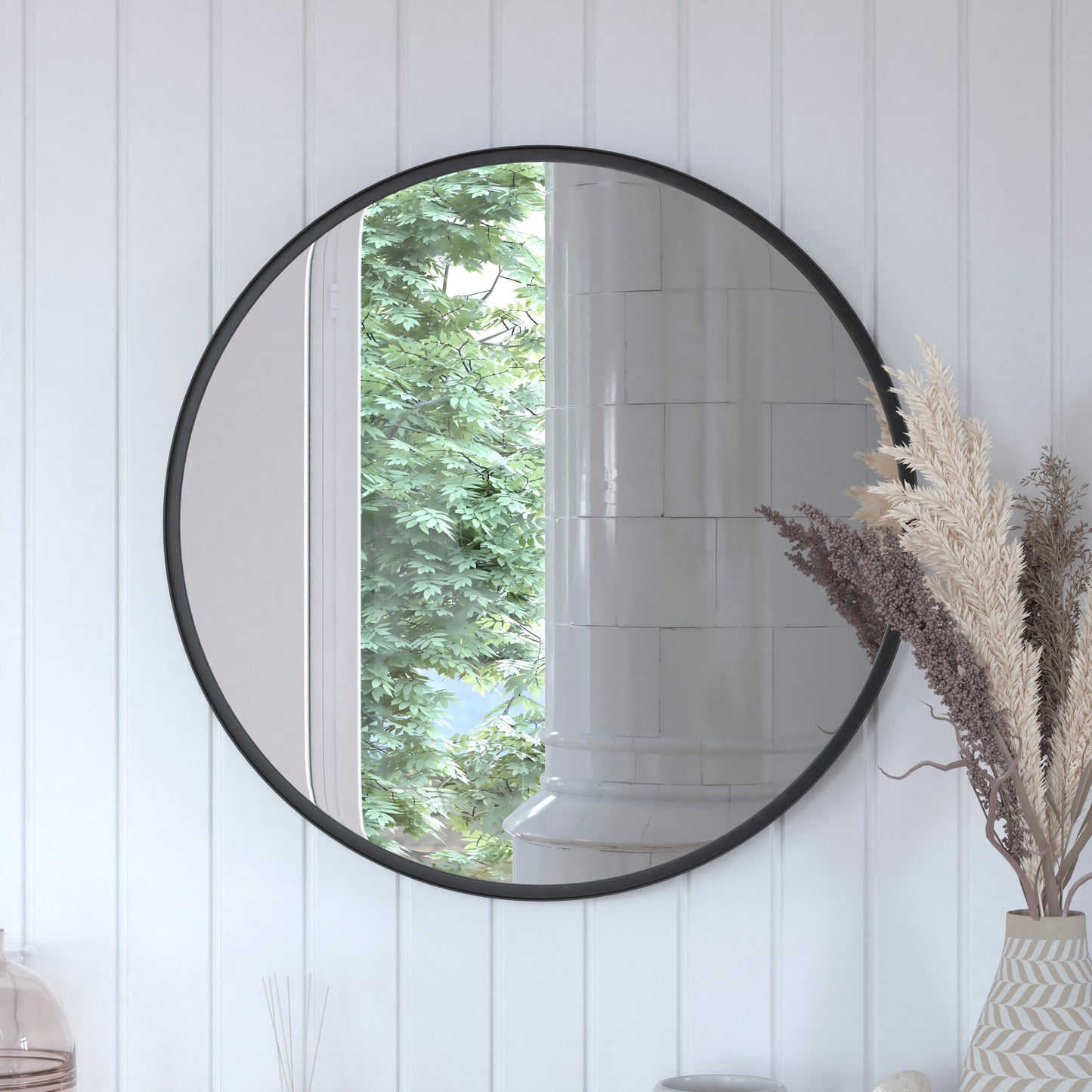 Jennifer 27.5" Round Black Metal Framed Wall Mirror - Large Accent Mirror for Bathroom, Vanity, Entryway, Dining Room, & Living Room Black