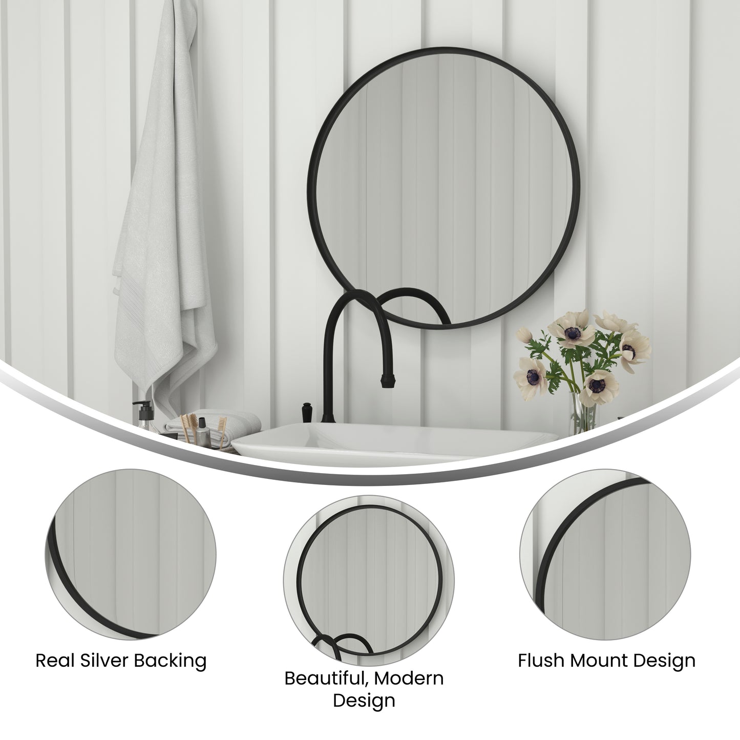Jennifer 27.5" Round Black Metal Framed Wall Mirror - Large Accent Mirror for Bathroom, Vanity, Entryway, Dining Room, & Living Room Black