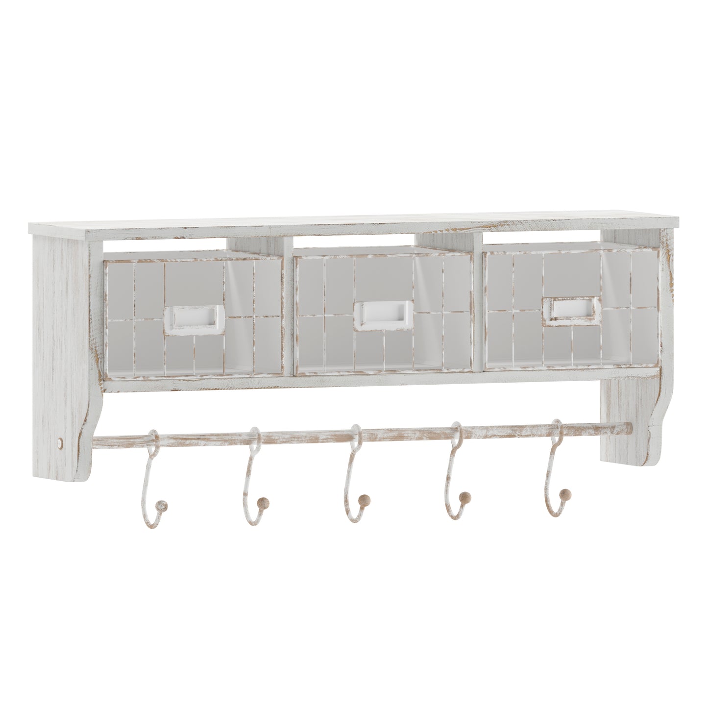 Daly Wall Mounted 24 Inch Solid Pine Wood Storage Rack with Upper Shelf, 5 Hooks, Wire Baskets For Entryway, Kitchen, Bathroom in Whitewashed White Wash