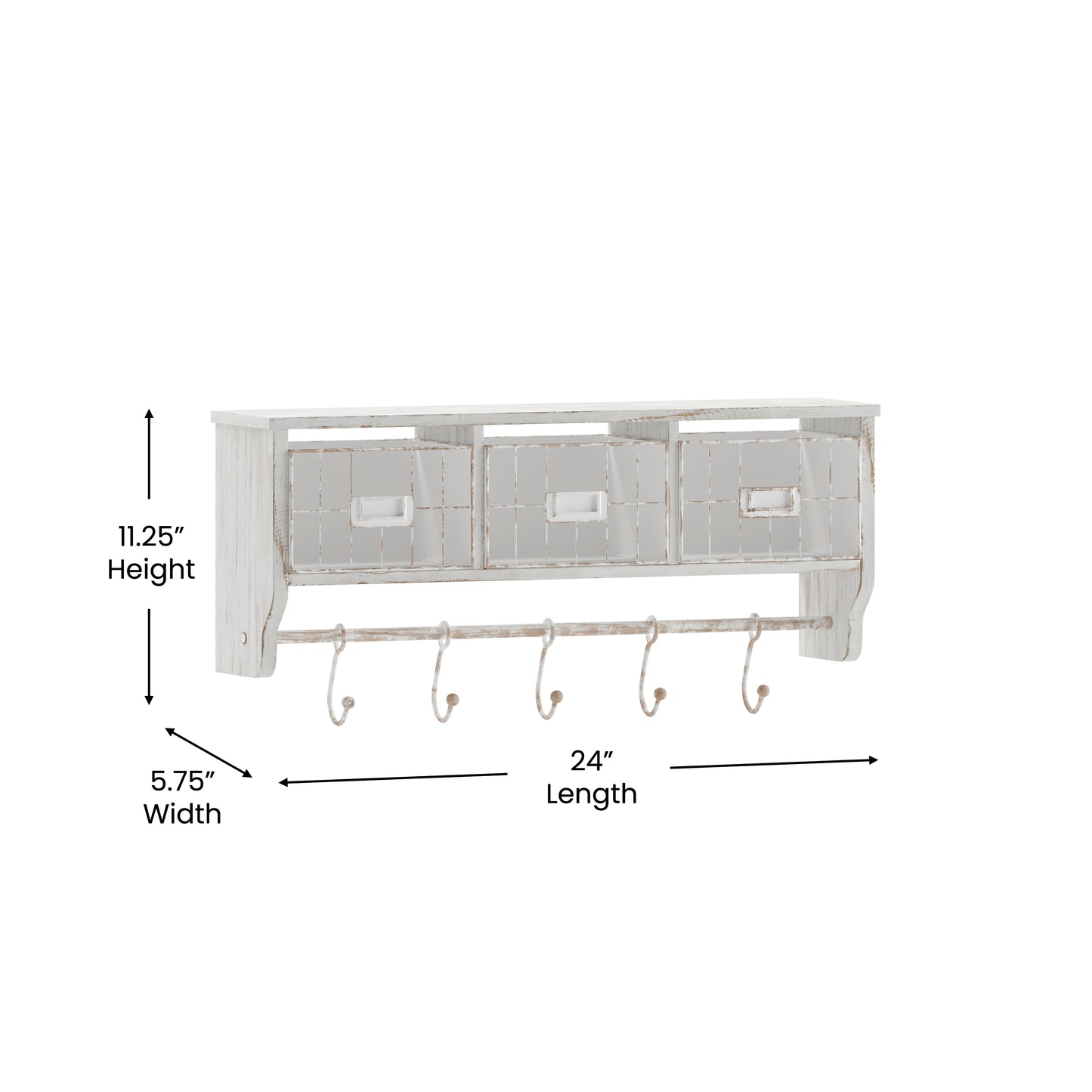 Daly Wall Mounted 24 Inch Solid Pine Wood Storage Rack with Upper Shelf, 5 Hooks, Wire Baskets For Entryway, Kitchen, Bathroom in Whitewashed White Wash