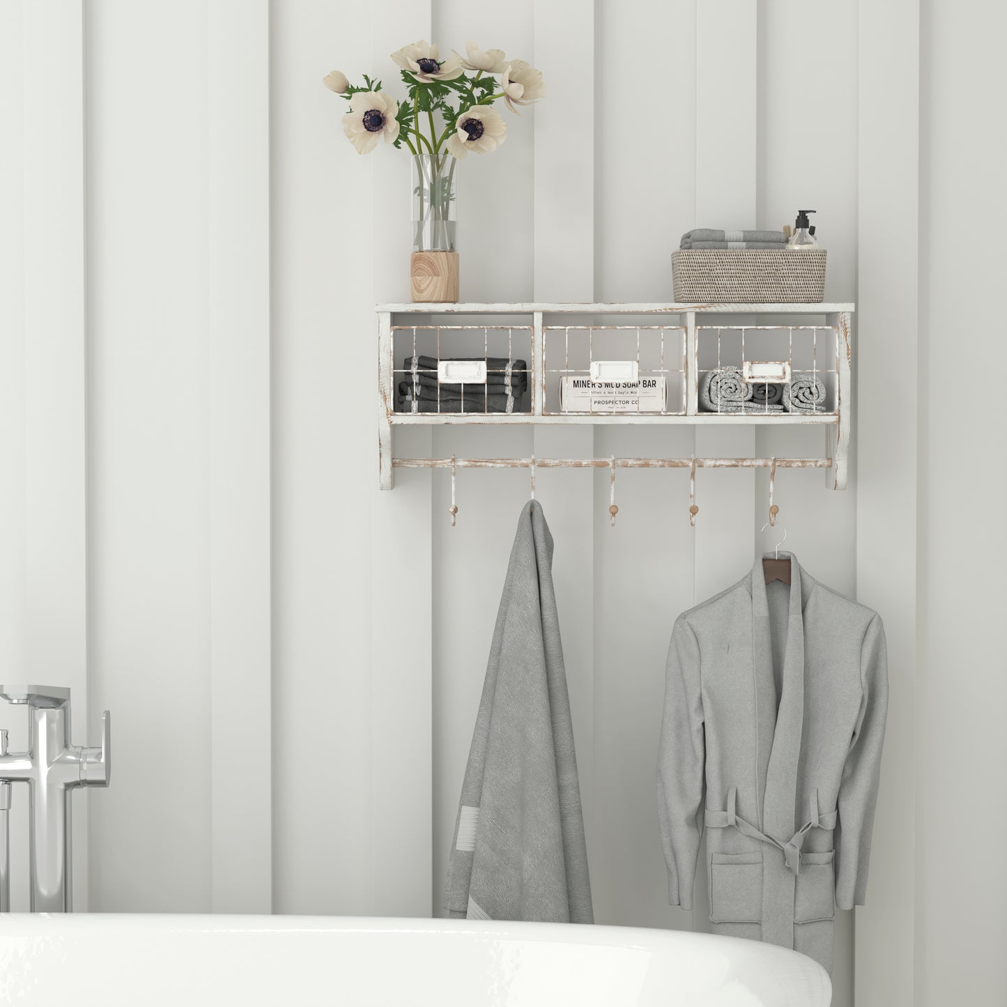 Daly Wall Mounted 24 Inch Solid Pine Wood Storage Rack with Upper Shelf, 5 Hooks, Wire Baskets For Entryway, Kitchen, Bathroom in Whitewashed White Wash