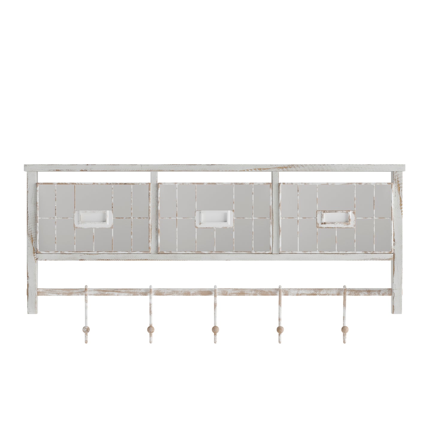 Daly Wall Mounted 24 Inch Solid Pine Wood Storage Rack with Upper Shelf, 5 Hooks, Wire Baskets For Entryway, Kitchen, Bathroom in Whitewashed White Wash