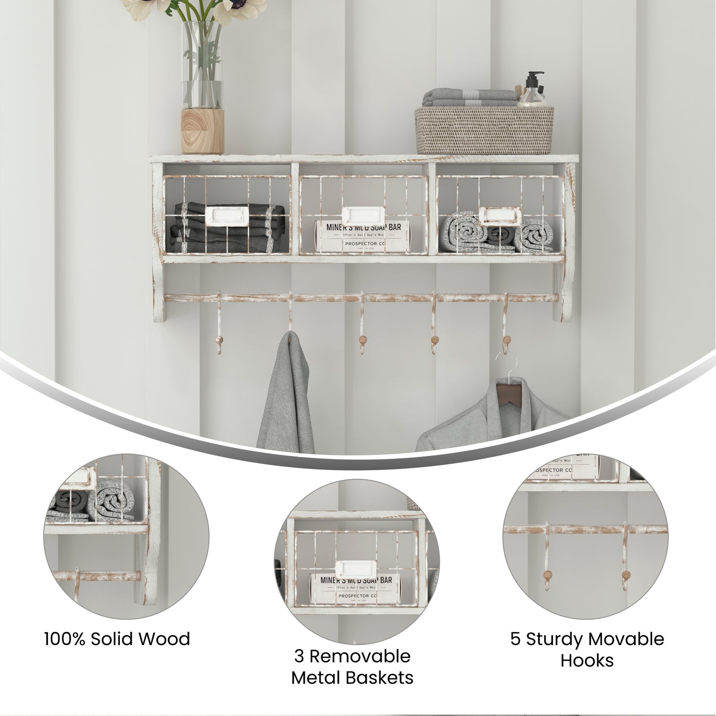 Daly Wall Mounted 24 Inch Solid Pine Wood Storage Rack with Upper Shelf, 5 Hooks, Wire Baskets For Entryway, Kitchen, Bathroom in Whitewashed White Wash