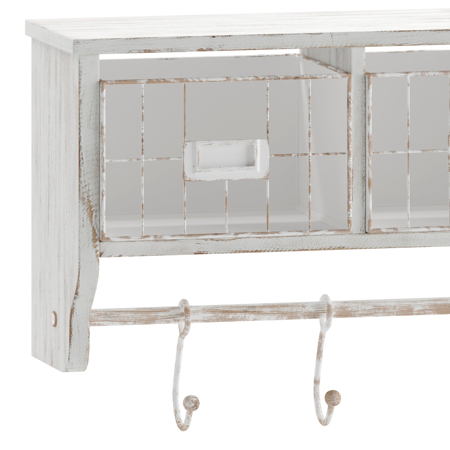 Daly Wall Mounted 24 Inch Solid Pine Wood Storage Rack with Upper Shelf, 5 Hooks, Wire Baskets For Entryway, Kitchen, Bathroom in Whitewashed White Wash