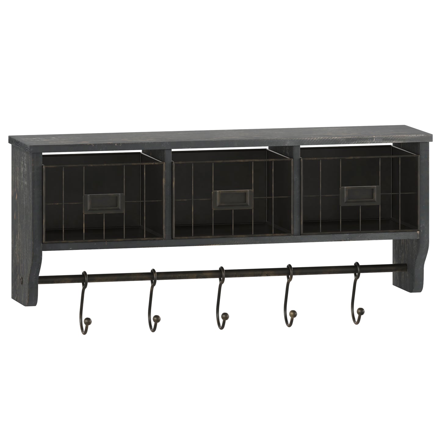 Daly Wall Mounted 24 Inch Solid Pine Wood Storage Rack with Upper Shelf, 5 Hooks, Wire Baskets For Entryway, Kitchen, Bathroom in Blackwashed Black Wash
