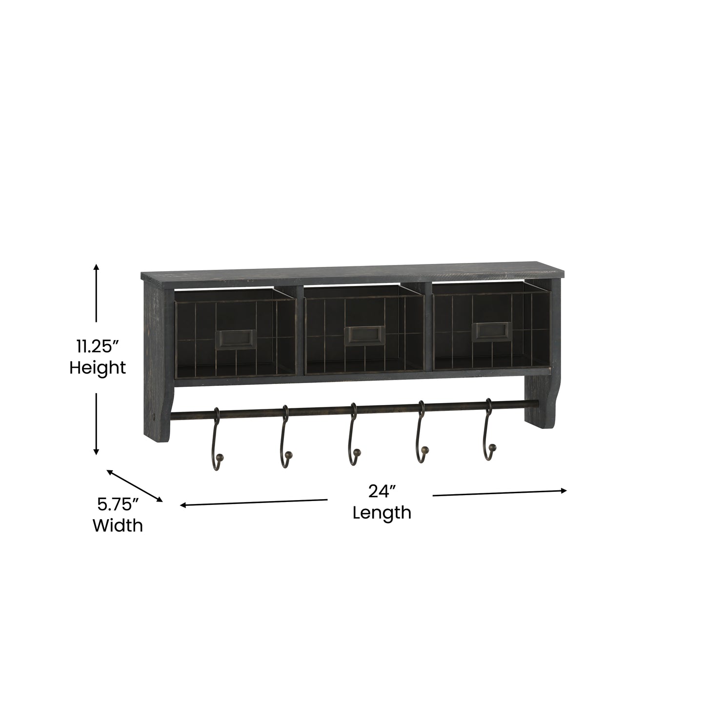 Daly Wall Mounted 24 Inch Solid Pine Wood Storage Rack with Upper Shelf, 5 Hooks, Wire Baskets For Entryway, Kitchen, Bathroom in Blackwashed Black Wash