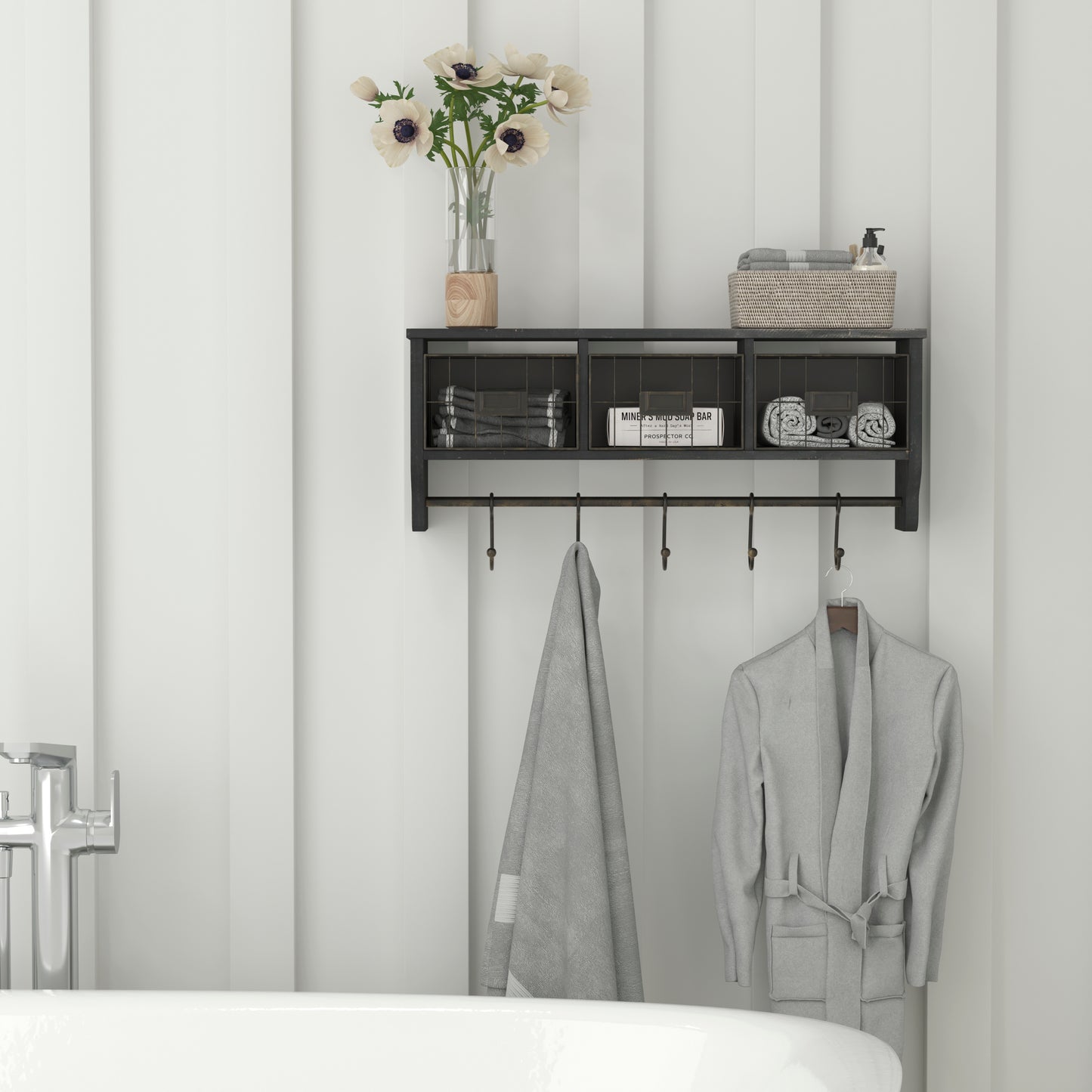 Daly Wall Mounted 24 Inch Solid Pine Wood Storage Rack with Upper Shelf, 5 Hooks, Wire Baskets For Entryway, Kitchen, Bathroom in Blackwashed Black Wash