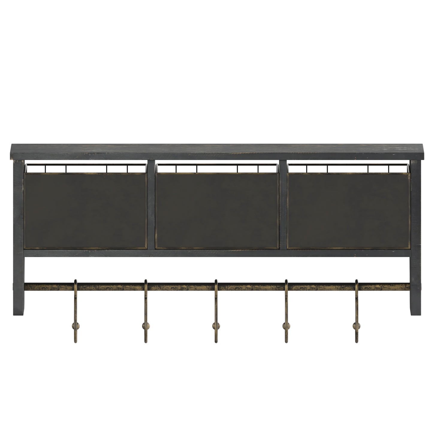 Daly Wall Mounted 24 Inch Solid Pine Wood Storage Rack with Upper Shelf, 5 Hooks, Wire Baskets For Entryway, Kitchen, Bathroom in Blackwashed Black Wash