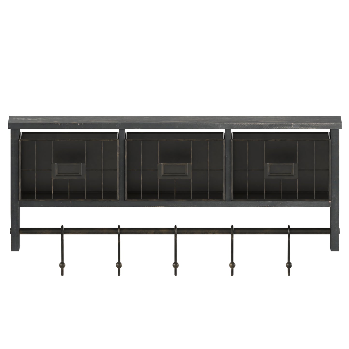 Daly Wall Mounted 24 Inch Solid Pine Wood Storage Rack with Upper Shelf, 5 Hooks, Wire Baskets For Entryway, Kitchen, Bathroom in Blackwashed Black Wash