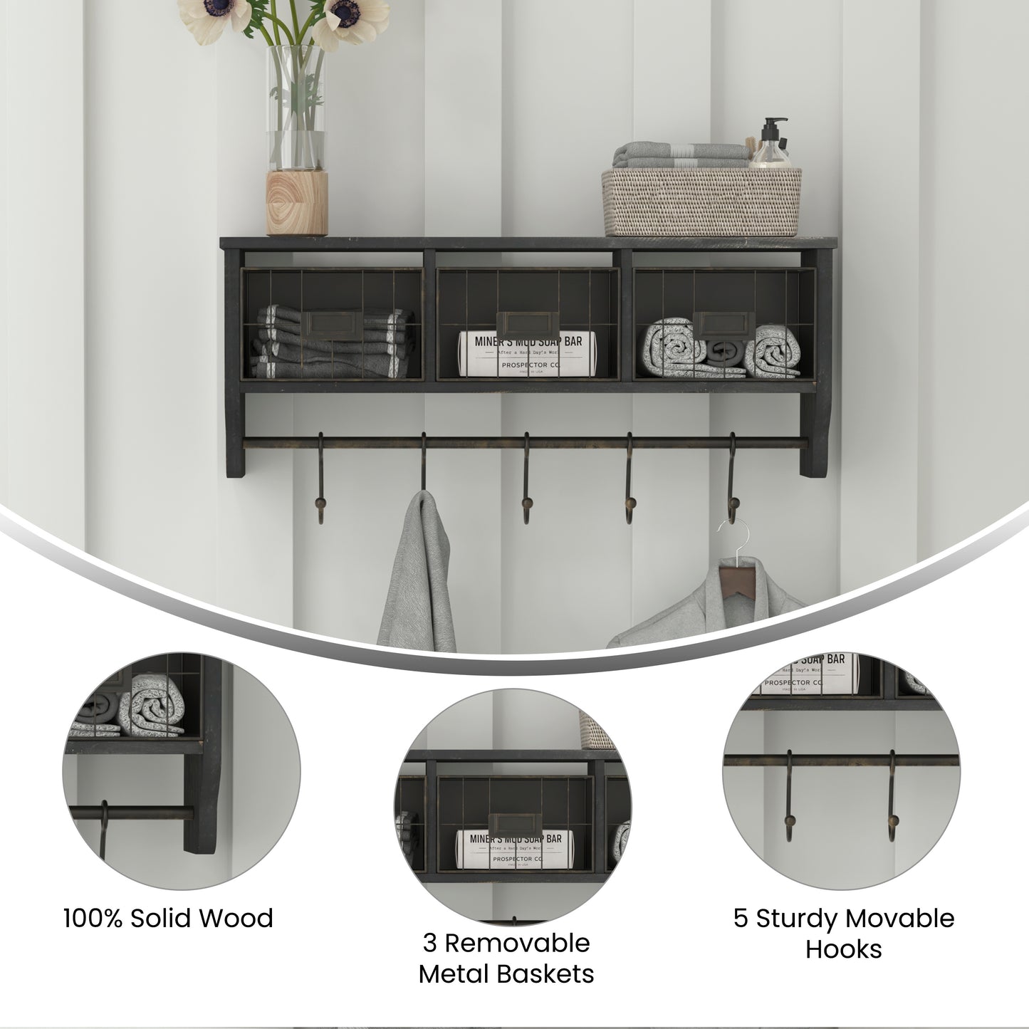 Daly Wall Mounted 24 Inch Solid Pine Wood Storage Rack with Upper Shelf, 5 Hooks, Wire Baskets For Entryway, Kitchen, Bathroom in Blackwashed Black Wash