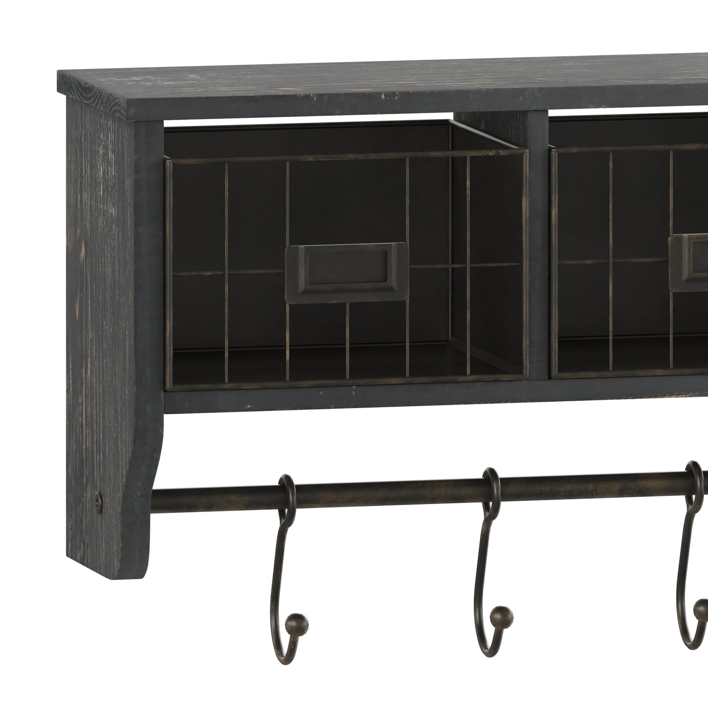 Daly Wall Mounted 24 Inch Solid Pine Wood Storage Rack with Upper Shelf, 5 Hooks, Wire Baskets For Entryway, Kitchen, Bathroom in Blackwashed Black Wash