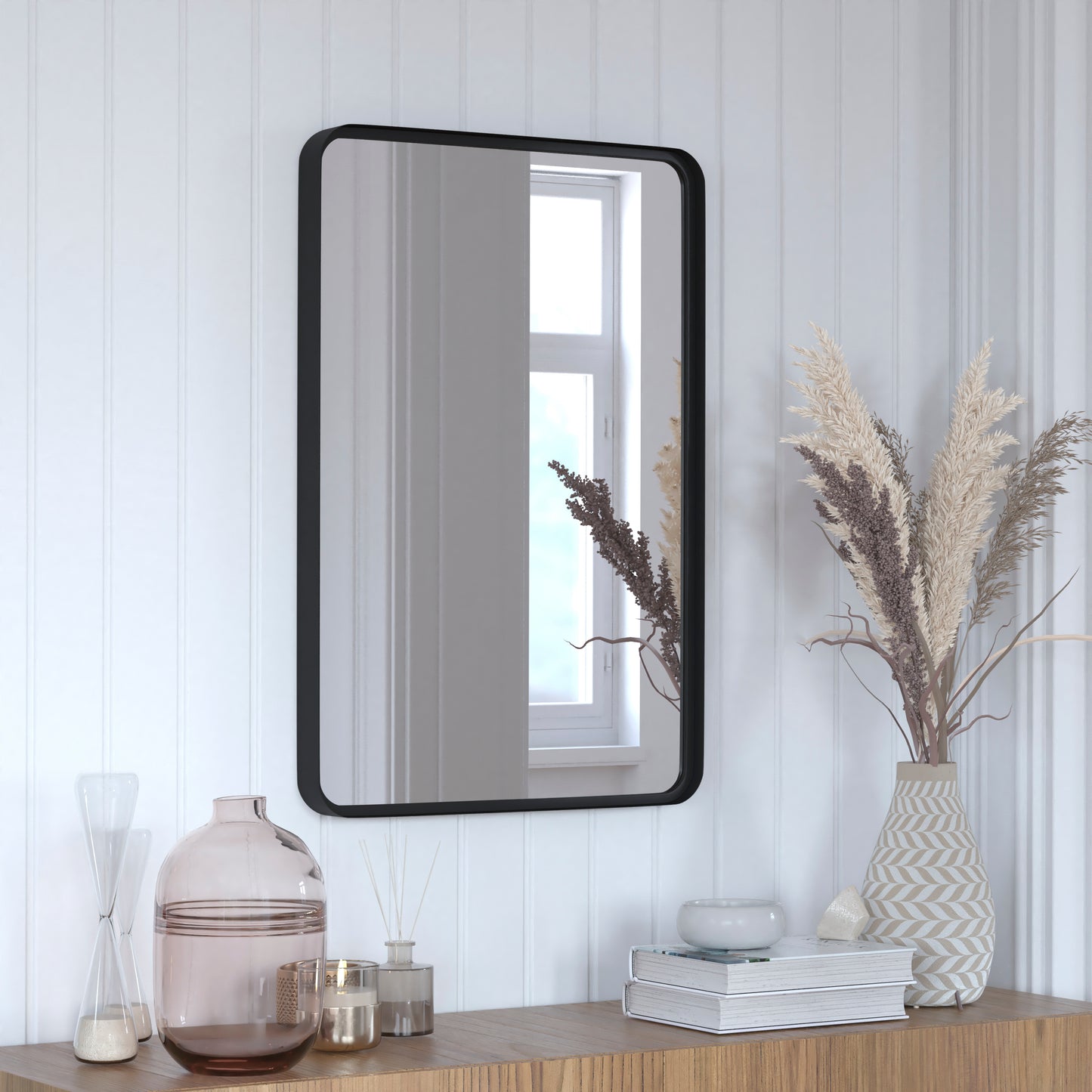 Janinne 20" x 30" Decorative Wall Mirror - Rounded Corners, Bathroom & Living Room Glass Mirror Hangs Horizontal Or Vertical, Matte Black Black