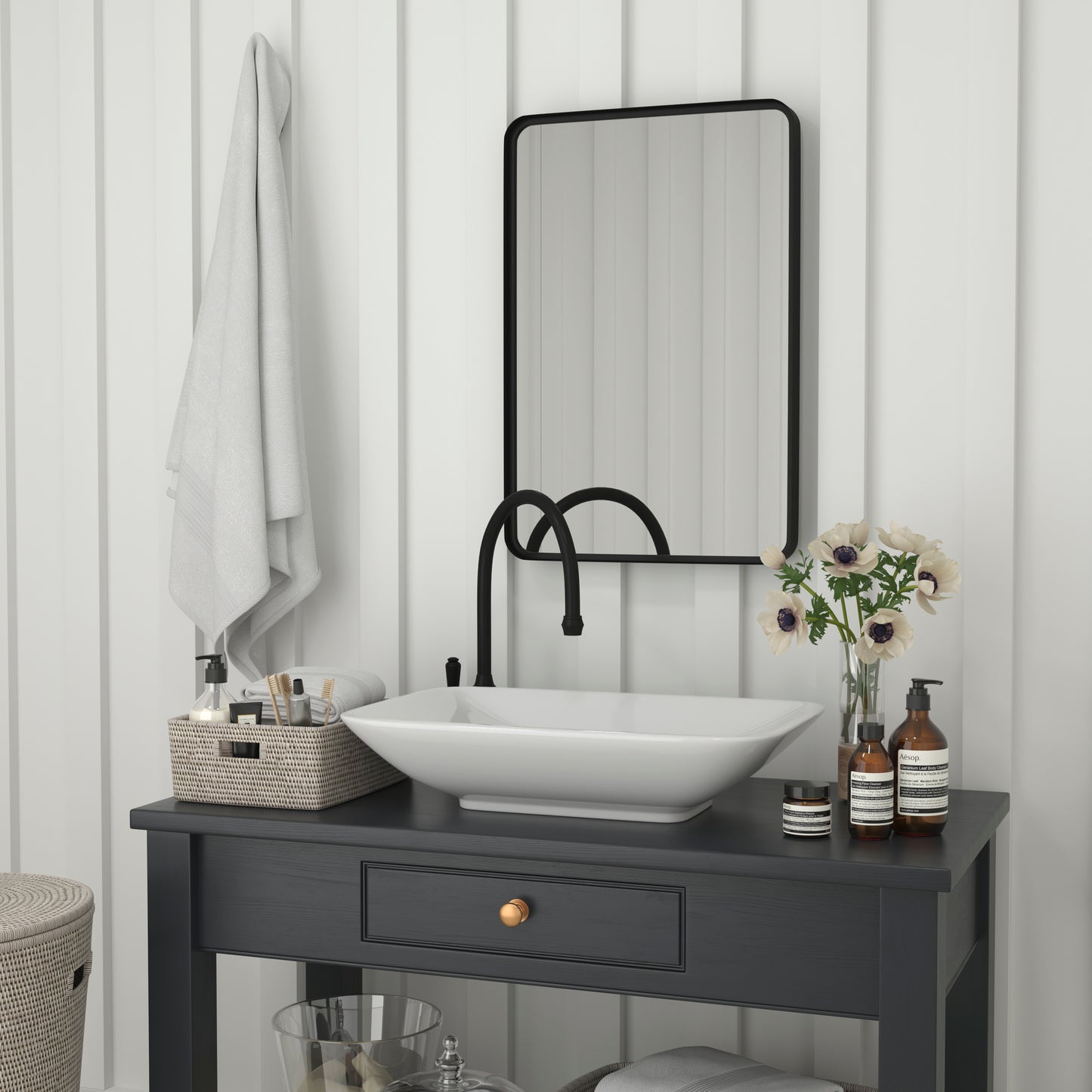 Janinne 20" x 30" Decorative Wall Mirror - Rounded Corners, Bathroom & Living Room Glass Mirror Hangs Horizontal Or Vertical, Matte Black Black