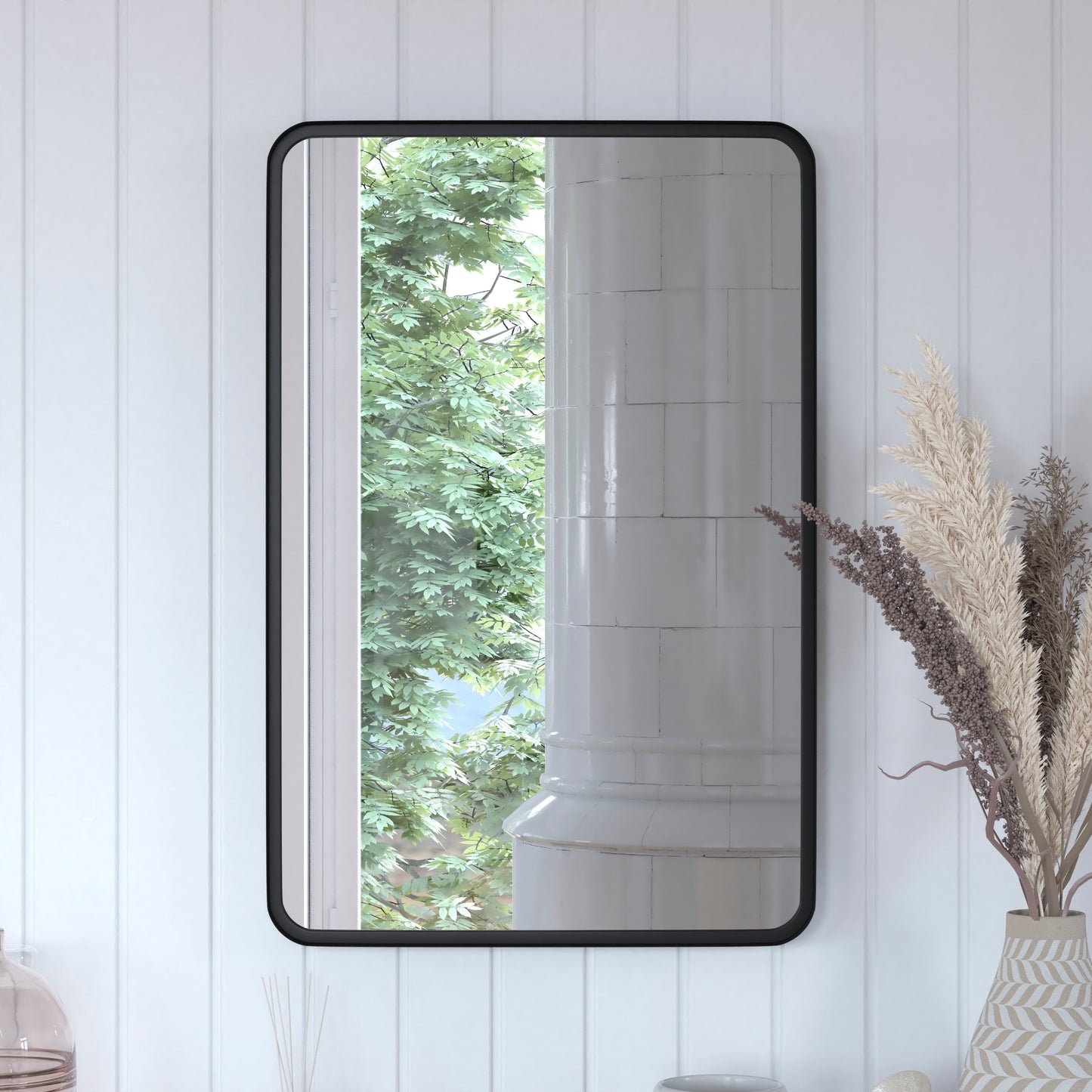 Janinne 20" x 30" Decorative Wall Mirror - Rounded Corners, Bathroom & Living Room Glass Mirror Hangs Horizontal Or Vertical, Matte Black Black
