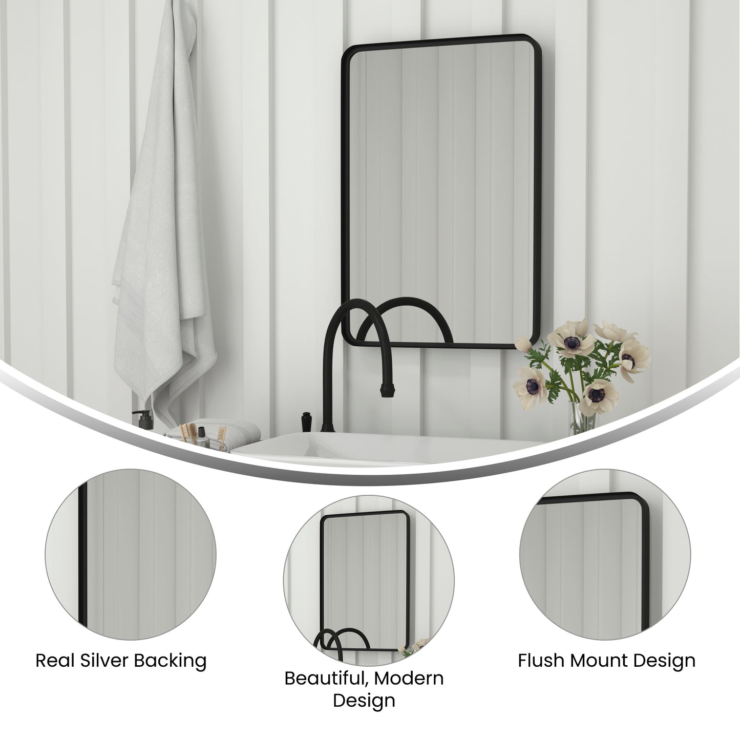 Janinne 20" x 30" Decorative Wall Mirror - Rounded Corners, Bathroom & Living Room Glass Mirror Hangs Horizontal Or Vertical, Matte Black Black