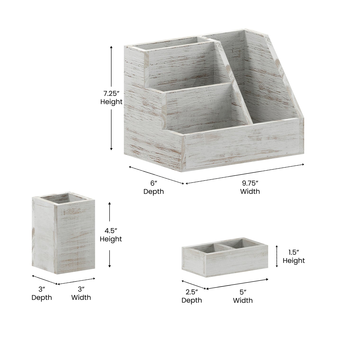 Comerford 3 Piece Wooden Organizer Set For Desktop, Table Top, or Vanity in Whitewashed White Wash