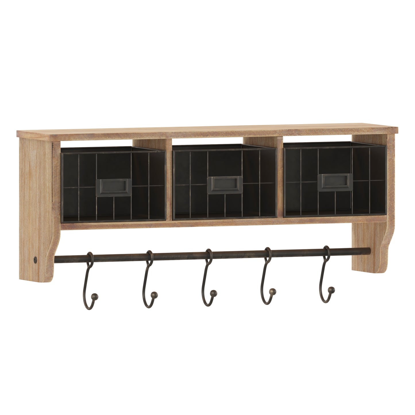 Daly Wall Mounted 24 Inch Solid Pine Wood Storage Rack with Upper Shelf, 5 Hooks, Wire Baskets For Entryway, Kitchen, Bathroom in Rustic Brown Rustic Brown