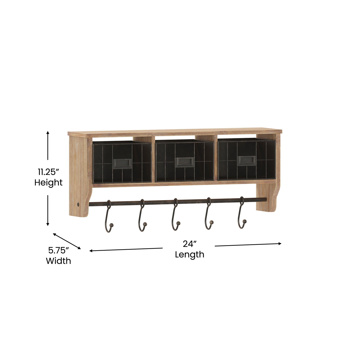Daly Wall Mounted 24 Inch Solid Pine Wood Storage Rack with Upper Shelf, 5 Hooks, Wire Baskets For Entryway, Kitchen, Bathroom in Rustic Brown Rustic Brown