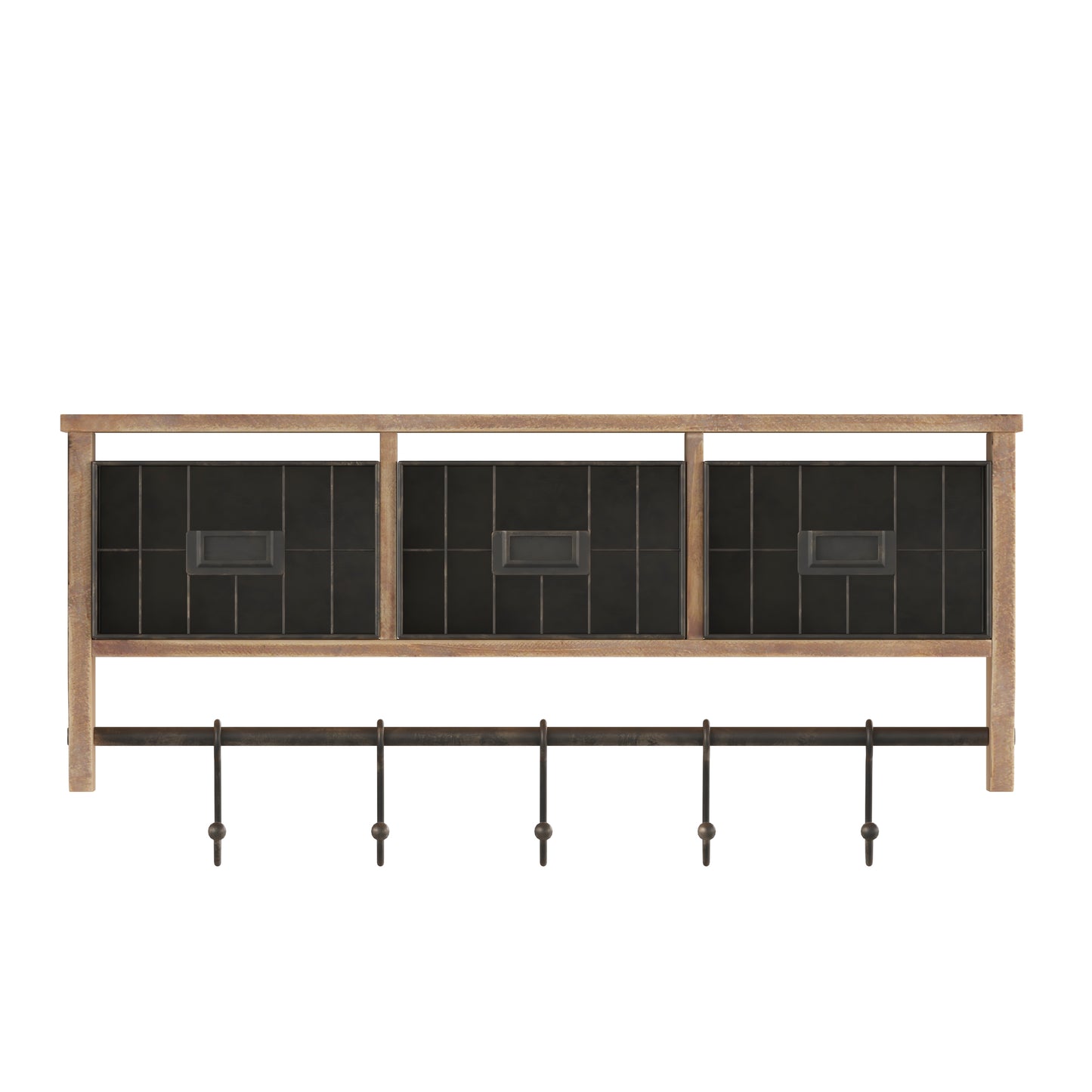 Daly Wall Mounted 24 Inch Solid Pine Wood Storage Rack with Upper Shelf, 5 Hooks, Wire Baskets For Entryway, Kitchen, Bathroom in Rustic Brown Rustic Brown
