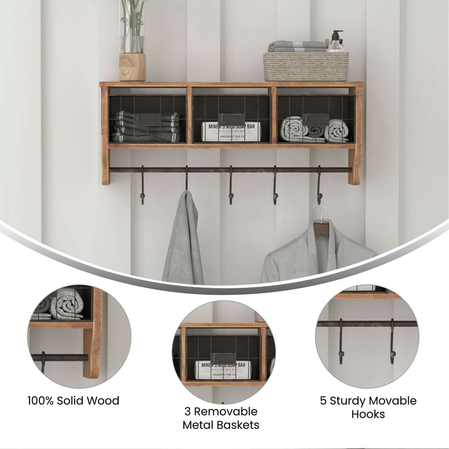 Daly Wall Mounted 24 Inch Solid Pine Wood Storage Rack with Upper Shelf, 5 Hooks, Wire Baskets For Entryway, Kitchen, Bathroom in Rustic Brown Rustic Brown